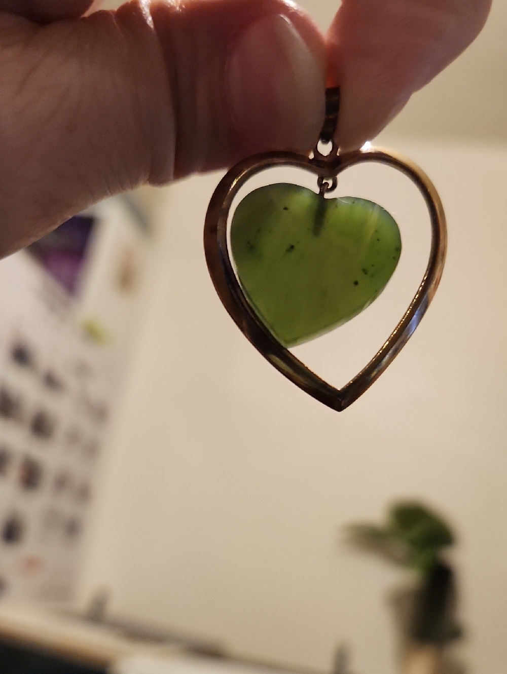 Prehnite Heart Pendant with Tourmaline Inclusions Floating in Gold-Tone Frame